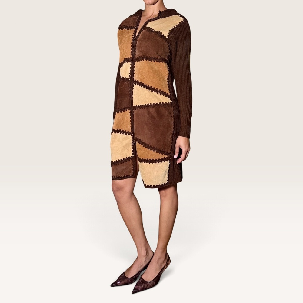 Misdemeanor Vintage Suede Patchwork Hooded Midi Dress Brown Medium EUC Boho Y2K - Picture 5 of 9